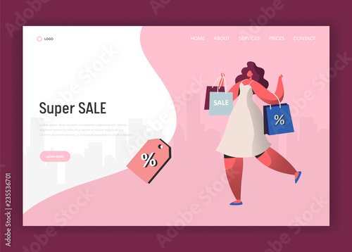 Online Sale Illustration for landing page, Woman shopping with bags. People Character on discount website concept template, e-commerce customer in vector