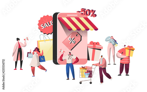 People characters buying in online store and smartphone screen. Website shopping, mobile marketing concept, e-commerce. Man and woman making purchase. Vector illustration