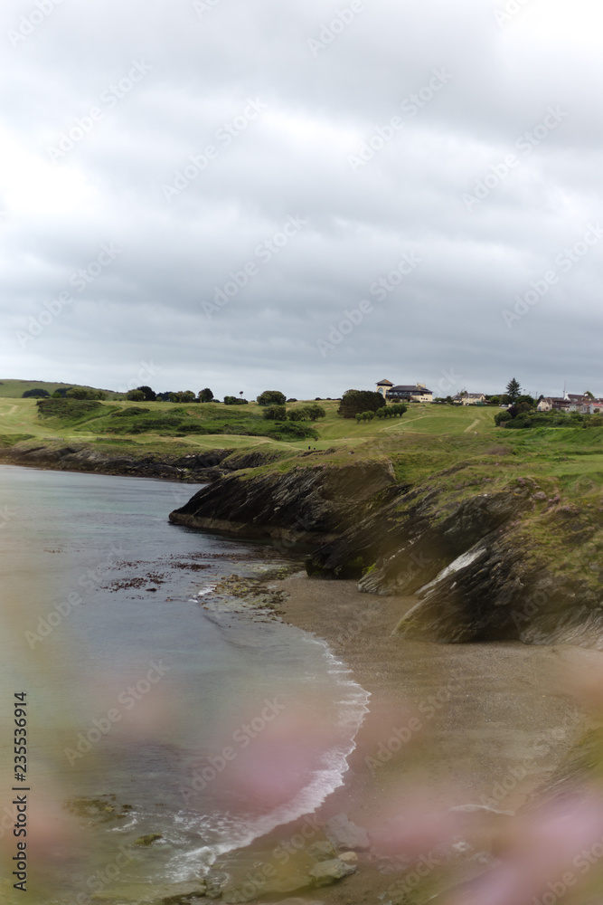 Fototapeta premium Irland, Klippen, Meer, Fels, Wolken, Natur, Landschaft, Draußen, Küste, Wind, Brandung, Wiese, Gras, Grün, Sommer, Hügel, Berge, Wandern, Urlaub, Abenteuer, Blumen, Schafe, Himmel, Wasser, Bach, Juni