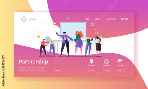 Partnership and Collaboration Landing Page Template. Business People Characters Handshake come to agreement for Web Page or Website. Easy Edit. Vector illustration