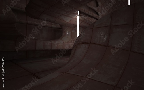 Empty smooth abstract room interior of sheets rusted metal. Architectural background. Night view of the illuminated. 3D illustration and rendering