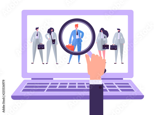 Online recruitment management characters, job candidate. Human resources searching for individuality. Hand with magnifier selects individual person from group of people on Laptop. Vector illustration