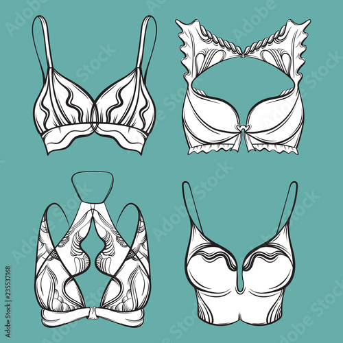 Vector illustration of beautiful collection of bra made in hand drawn sketch style. Artwork in  hand sketched  cartoon style. Template for card poster banner print.