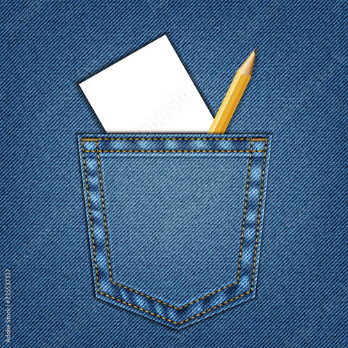jeans pocket with sheet of white paper and pencil