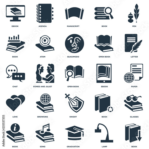 Elements Such As Book, Lamp, Graduation, Song, Letter, Ebook, Knight, Love, Manuscript, Agenda icon vector illustration on white background. Universal 25 icons set.