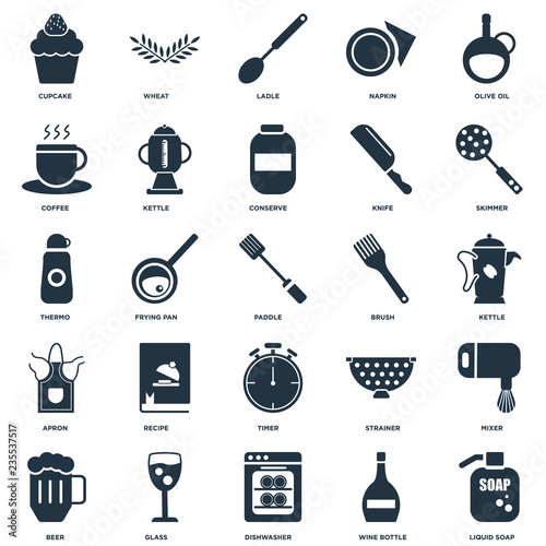 Elements Such As Liquid soap, Wine bottle, Dishwasher, Glass, Beer, Skimmer, Brush, Timer, Apron, Coffee, Ladle, Wheat icon vector illustration on white background. Universal 25 icons set.