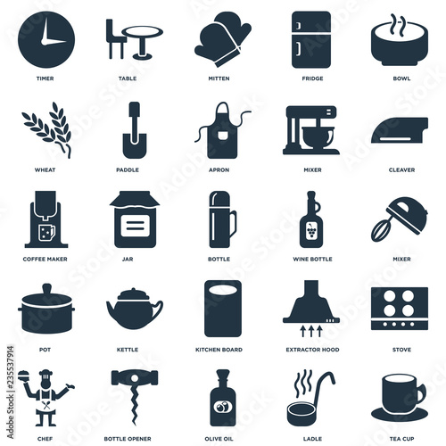 Elements Such As Tea cup, Ladle, Olive oil, Bottle opener, Chef, Cleaver, Wine bottle, Kitchen board, Pot, Wheat, Mitten, Table icon vector illustration on white background. Universal 25 icons set.