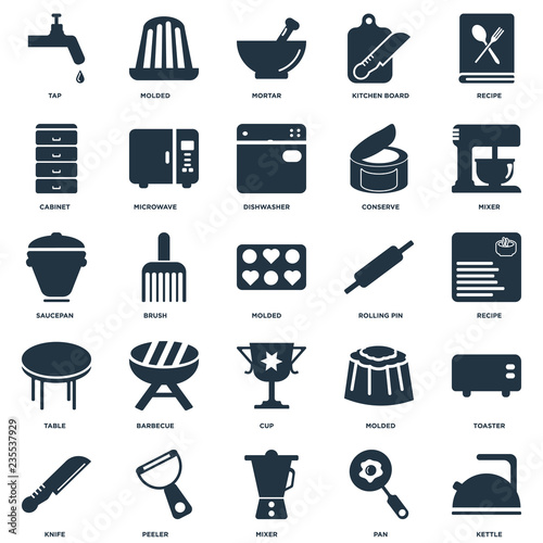 Elements Such As Kettle, Pan, Mixer, Peeler, Knife, Rolling pin, Cup, Table, Cabinet, Mortar, Molded icon vector illustration on white background. Universal 25 icons set.