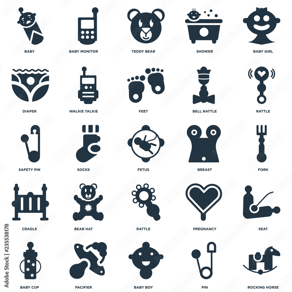 Elements Such As Rocking horse, Fork, Rattle, Baby monitor, Cup, Walkie  Talkie, Pregnancy, Safety pin icon vector illustration on white background.  Universal 25 icons set. Stock Vector | Adobe Stock