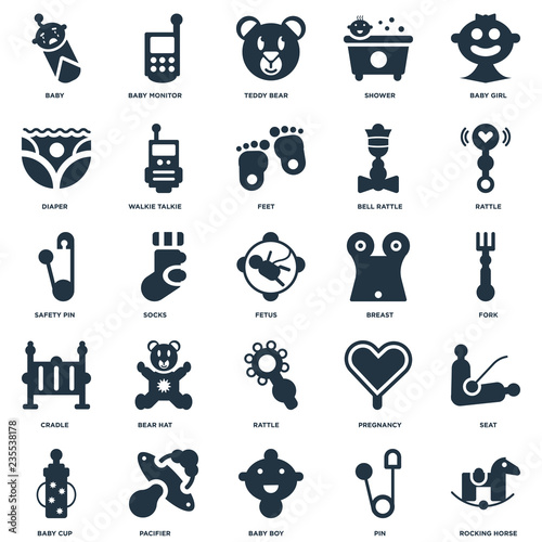 Elements Such As Rocking horse, Fork, Rattle, Baby monitor, Cup, Walkie Talkie, Pregnancy, Safety pin icon vector illustration on white background. Universal 25 icons set.