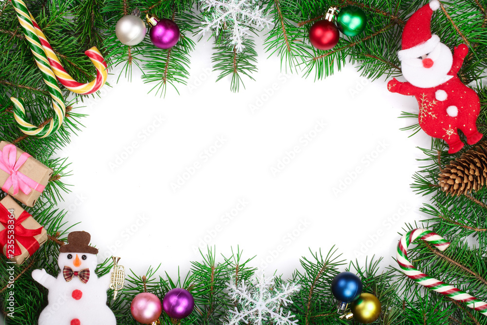 Christmas frame decorated isolated on white background with copy space for your text. Top view. Christmas frame decorated isolated on white background with copy space for your text. Top view.