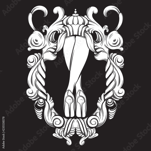 Creative vector illustration of woman legs in barogue frame. Surrealism artwork. Template for postcard banner vintage poster print for t-shirt