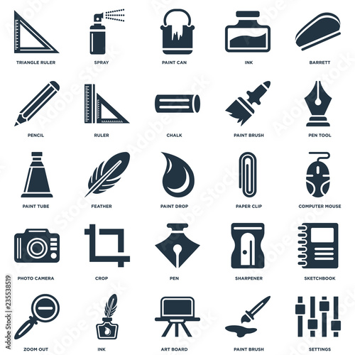 Elements Such As Settings, Computer Mouse, Pen Tool, Spray, Zoom out, Ruler, Sharpener, Paint tube icon vector illustration on white background. Universal 25 icons set.