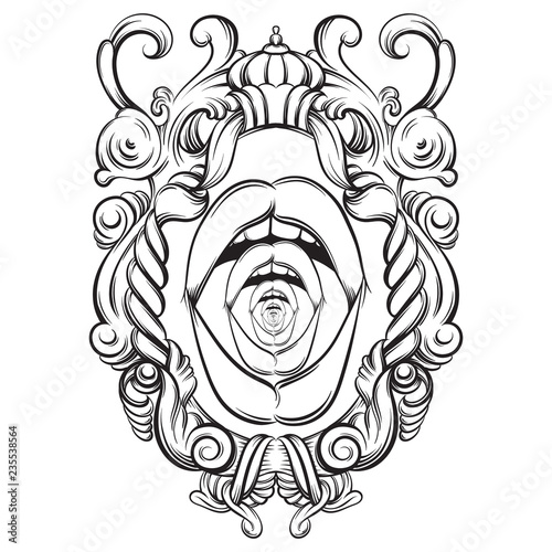 Creative vector illustration of woman mouth in barogue frame. Surrealism artwork in line sketch style. Ink tattoo. Template for postcard banner vintage poster print for t-shirt