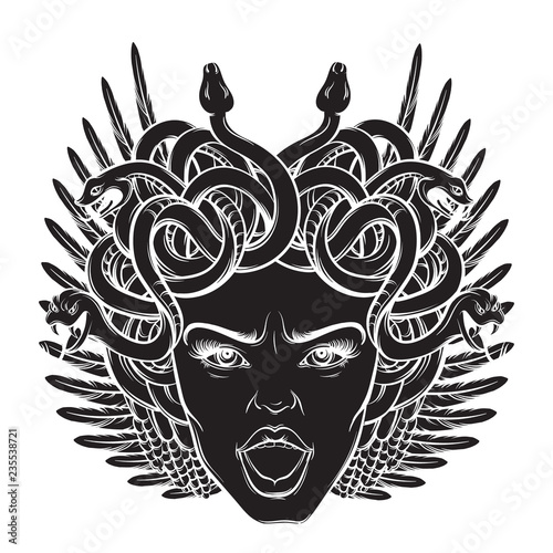 Vector hand drawn illustration of gorgon with  wings in hand sketched realistic style. Artwork with portrait of gorgon. Template for card, posster, banner, print for t-shirt.