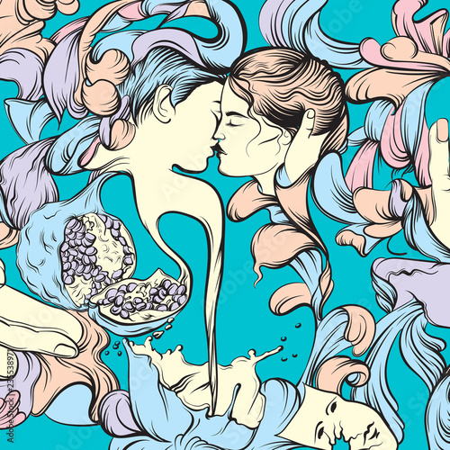 Vector surreal illustration with kissing lovers hands garnet and floral forms. Artwork in realistic line hand drawn style. Template for card poster banner and print for t-shirt