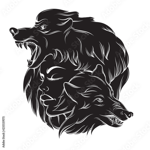 Vector illustration of young beautiful girl with angry wolf's muzzle. Mythological magic religion  motif, tattoo design element. Template for card poster banner print for t-shirt