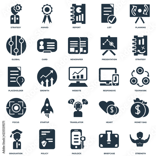 Elements Such As Strength, Briefcase, Padlock, Policy, Graduation, Strategy, Responsive, Translator, Focus, Global, Report, Award icon vector illustration on white background. Universal 25 icons set.