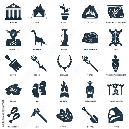 Elements Such As Stone, Shovel, Fossil, Axe, Chicken leg, Skin, Torch, Bonfire, Troglodyte, Plant, Tent icon vector illustration on white background. Universal 25 icons set.