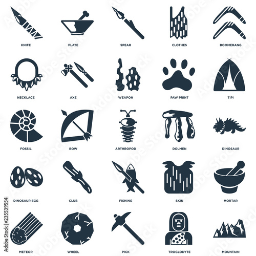 Elements Such As Mountain, Troglodyte, Pick, Wheel, Meteor, Tipi, Dolmen, Fishing, Dinosaur egg, Necklace, Spear, Plate icon vector illustration on white background. Universal 25 icons set.