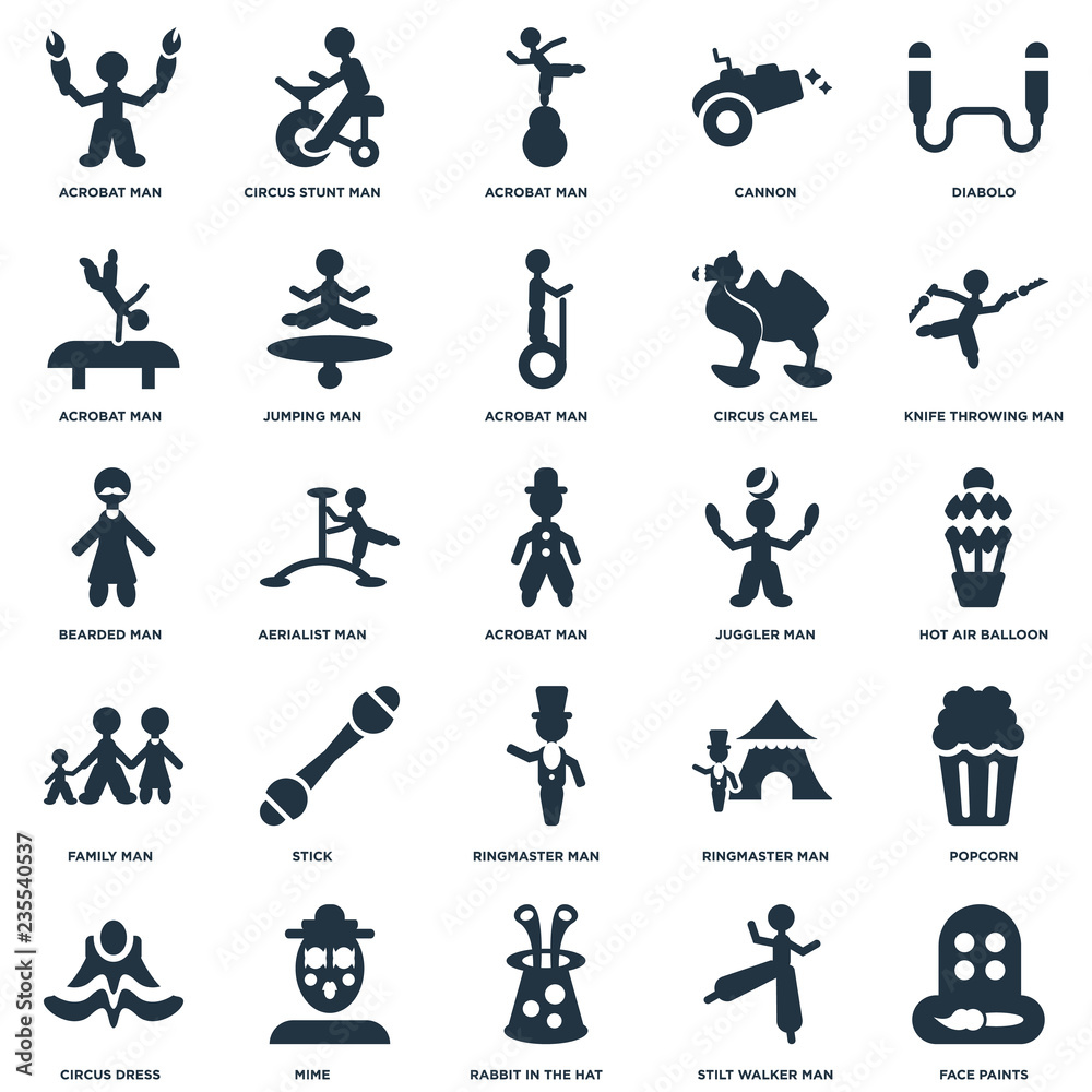 Elements Such As Diabolo, Stilt walker man, Knife Throwing Mime, Circus Dress, Popcorn, Aerialist man icon vector illustration on white background. Universal 25 icons set. Elements Such As Diabolo, Stilt walker man, Knife Throwing Mime, Circus Dress, Popcorn, Aerialist man icon vector illustration on white background. Universal 25 icons set.