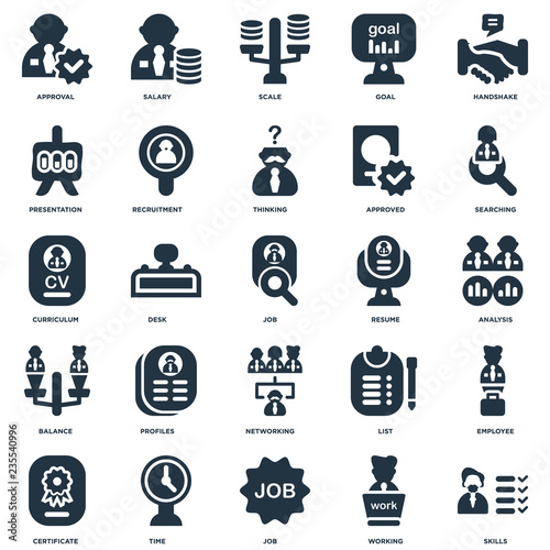 Elements Such As Skills, Working, Job, Time, Certificate, Searching, Resume, Networking, Balance, Presentation, Scale, Salary icon vector illustration on white background. Universal 25 icons set.