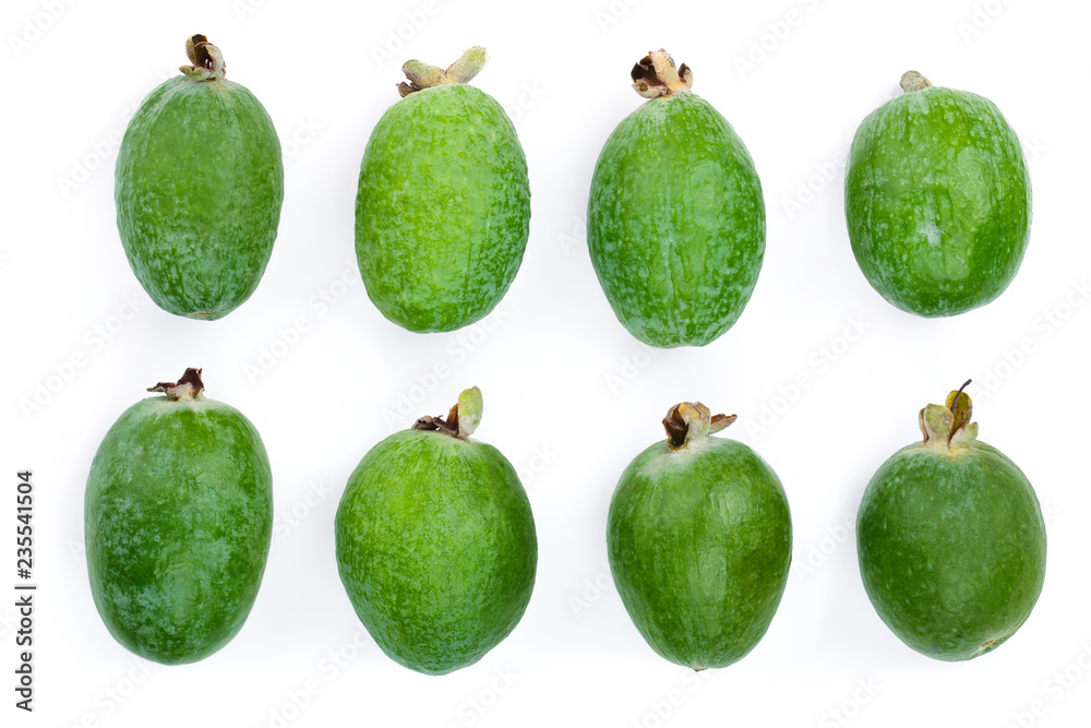 Tropical fruit feijoa Acca sellowiana isolated on white background. Top view. Flat lay pattern Tropical fruit feijoa Acca sellowiana isolated on white background. Top view. Flat lay pattern
