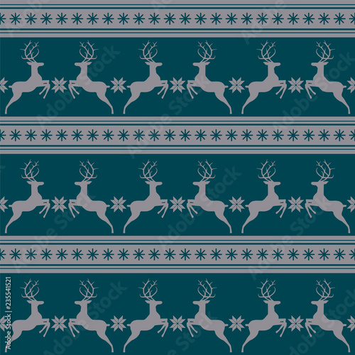 Vector illustrated traditional nordic pattern with deers and snowflakes. Seamless Christmas background