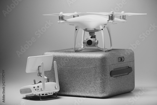 Flying drones on black background. Theme selling and buying drone