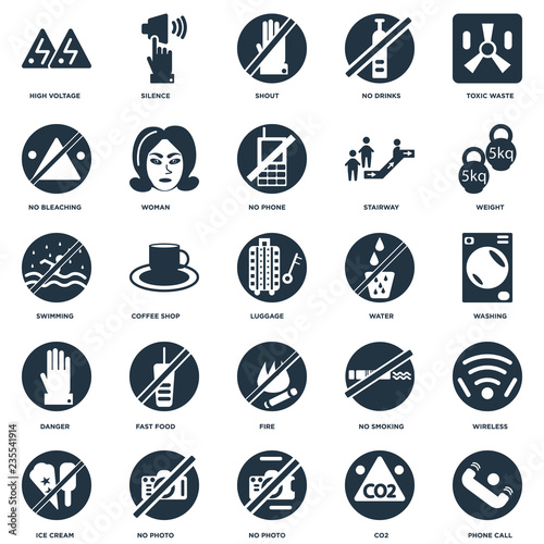 Elements Such As Phone call, CO2, No photo, Ice cream, Weight, Water, Fire, Danger, bleaching, Shout, Silence icon vector illustration on white background. Universal 25 icons set.
