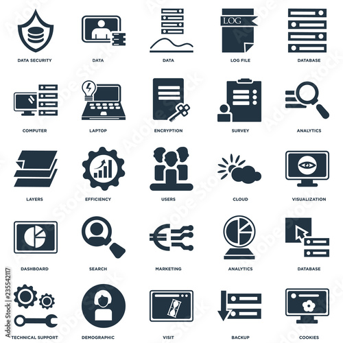Elements Such As Cookies, Visualization, Analytics, Data, Technical Support, Laptop, Layers icon vector illustration on white background. Universal 25 icons set.