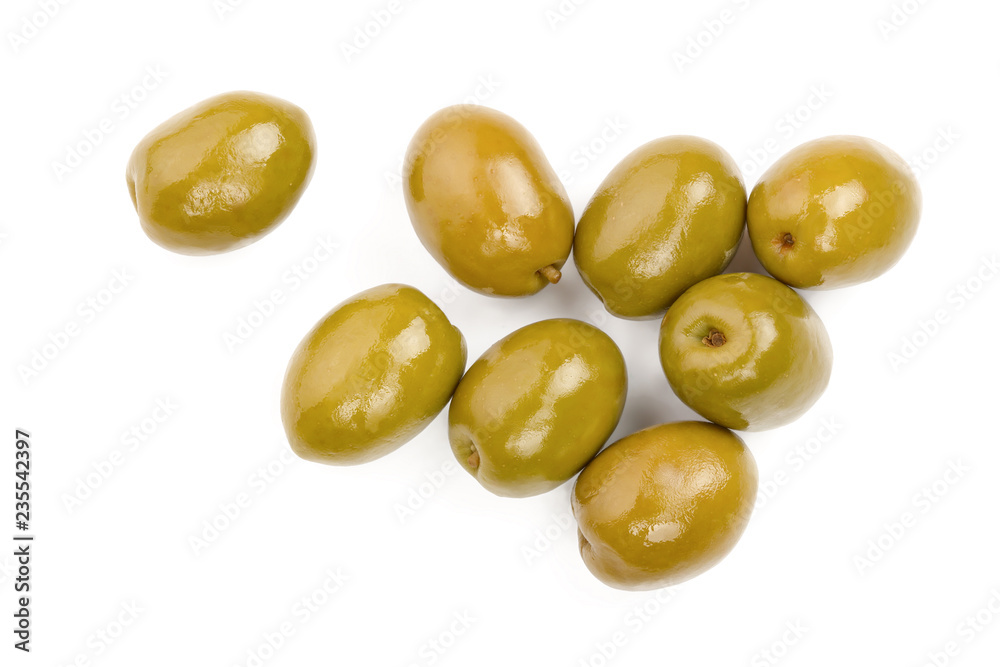 Green olives isolated on a white background. Top view. Flat lay Green olives isolated on a white background. Top view. Flat lay