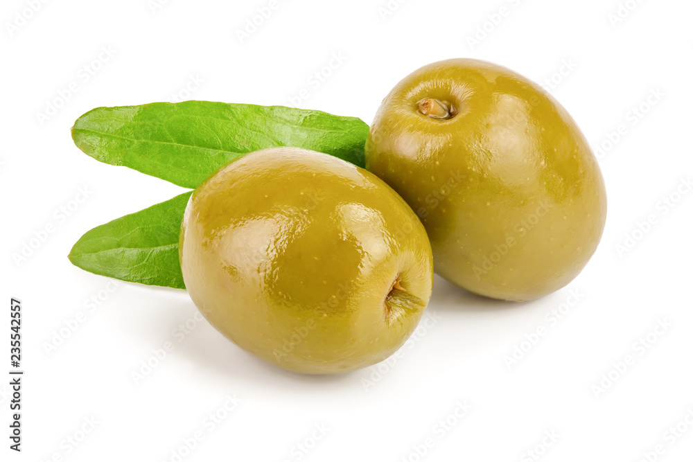 Green olives with leaves isolated on a white background Green olives with leaves isolated on a white background