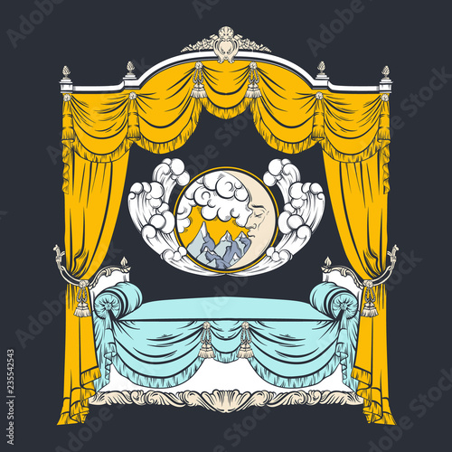 Vector illustration of baroque bed with baldachin and moon with face and clouds made in hand drawn sketch style. Beautiful furniture design. Template for business car, poster, banner, print, placard.