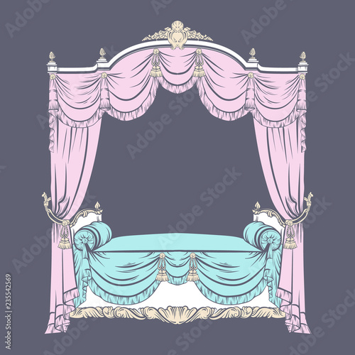 Vector illustration of baroque bed with baldachin  made in hand drawn sketch style. Beautiful furniture design. Template for business car, poster, banner, print, placard.
