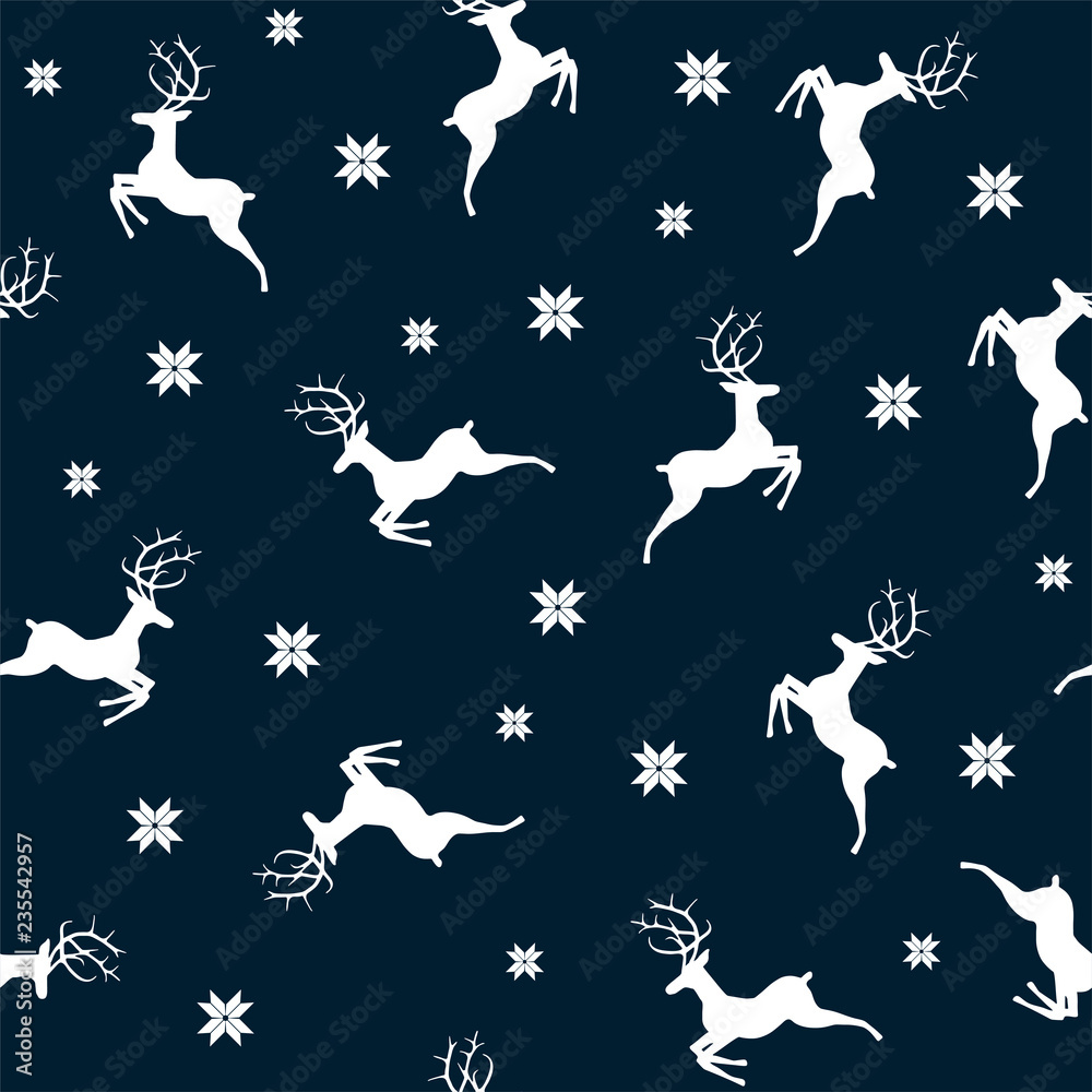 Obraz premium Vector illustrated traditional nordic pattern with deers and snowflakes. Seamless Christmas background