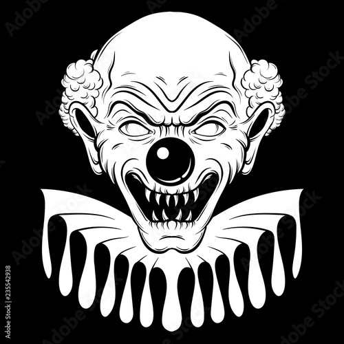 Vector hand drawn  illustration of angry clown. Tattoo artwork in realistic line style. Portrait of ugly clown.  Template for card  poster  banner  print for t-shirt.