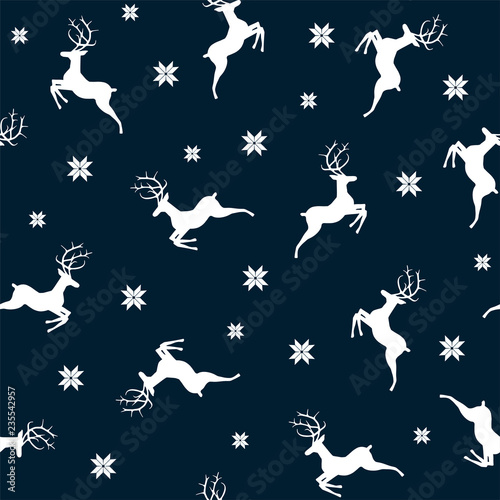 Vector illustrated traditional nordic pattern with deers and snowflakes. Seamless Christmas background