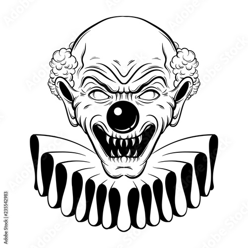 Vector hand drawn  illustration of angry clown. Tattoo artwork in realistic line style. Portrait of ugly clown.  Template for card, poster, banner, print for t-shirt.