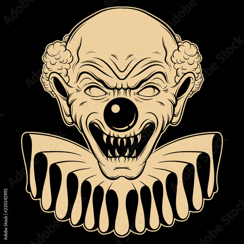 Vector hand drawn  illustration of angry clown. Tattoo artwork in realistic line style. Portrait of ugly clown.  Template for card, poster, banner, print for t-shirt.