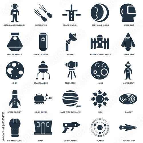 Elements Such As Rocket ship, Astronaut, Space Meteorites, Big Telescope, capsule, Sun, Moon icon vector illustration on white background. Universal 25 icons set.
