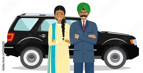 Business concept. Couple of indian businessman and businesswoman standing together near the car on white background in flat style. Design people character. Vector illustration.