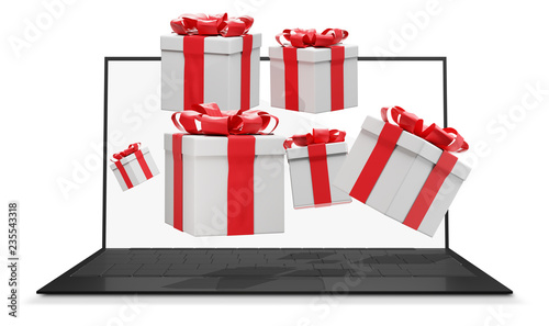 Many presents with ribbon f...