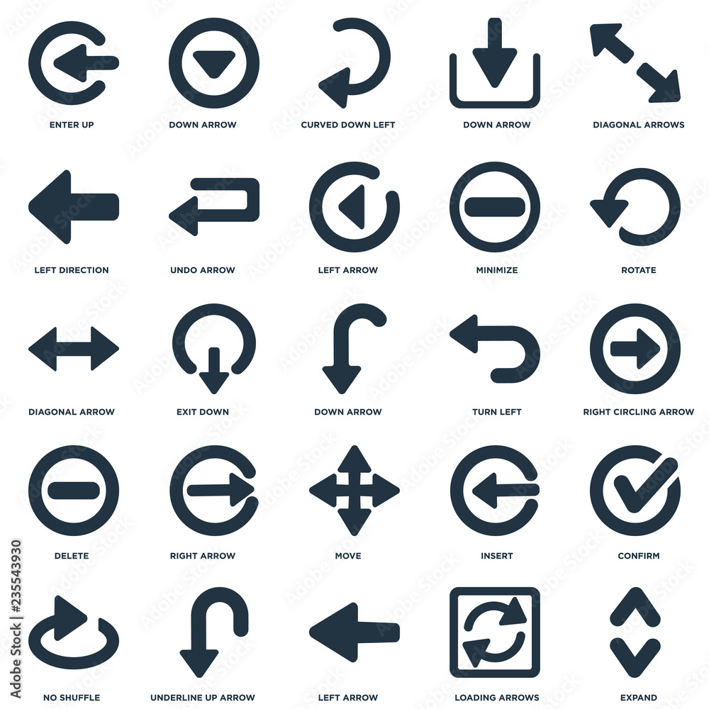 Elements Such As Expand, Right Circling Arrow, Rotate, Down arrow, No Shuffle, Undo Insert, Diagonal arrow icon vector illustration on white background. Universal 25 icons set. Elements Such As Expand, Right Circling Arrow, Rotate, Down arrow, No Shuffle, Undo Insert, Diagonal arrow icon vector illustration on white background. Universal 25 icons set.