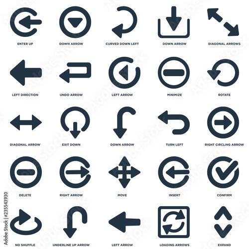 Elements Such As Expand, Right Circling Arrow, Rotate, Down arrow, No Shuffle, Undo Insert, Diagonal arrow icon vector illustration on white background. Universal 25 icons set.