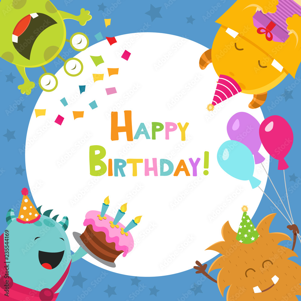 Fototapeta premium Cute Birthday Card With Monsters