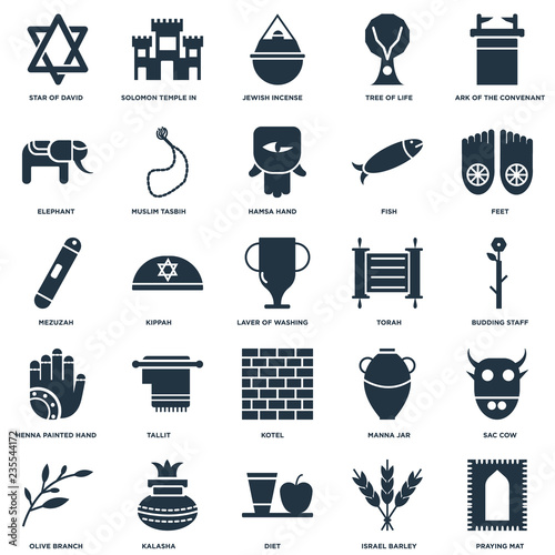 Elements Such As Praying Mat, Budding Staff, Feet, Solomon Temple In Jerusalem, Olive Branch, Muslim Tasbih, Manna Jar, Mezuzah icon vector illustration on white background. Universal 25 icons set.