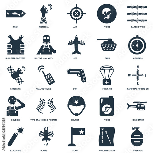 Elements Such As Barbed wire, union military strategy, Compass, Plane, Explosive, Helicopter, Walkie talkie icon vector illustration on white background. Universal 25 icons set.