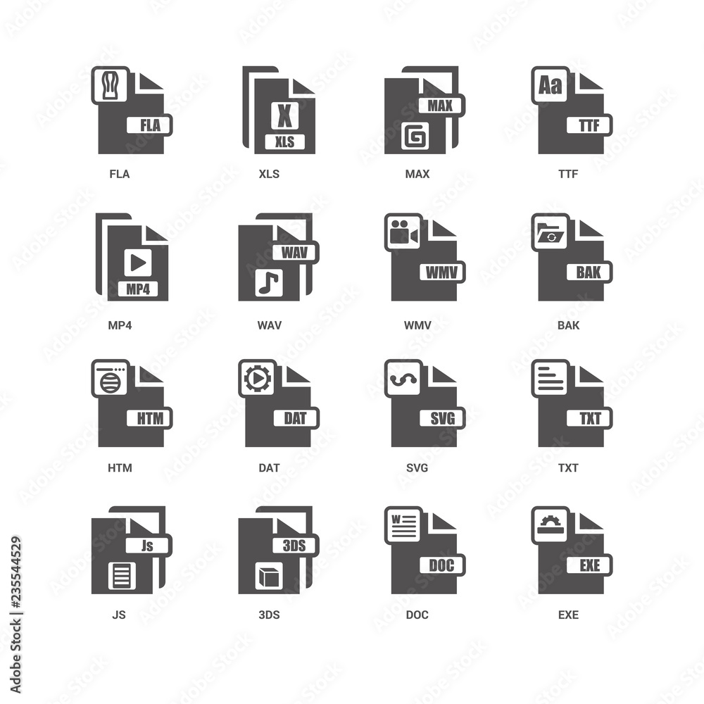 Exe, Bak, Wmv, Js, Txt, Fla, Mp4, Htm, Doc, 3ds, Max icon 16 set Stock  Vector | Adobe Stock