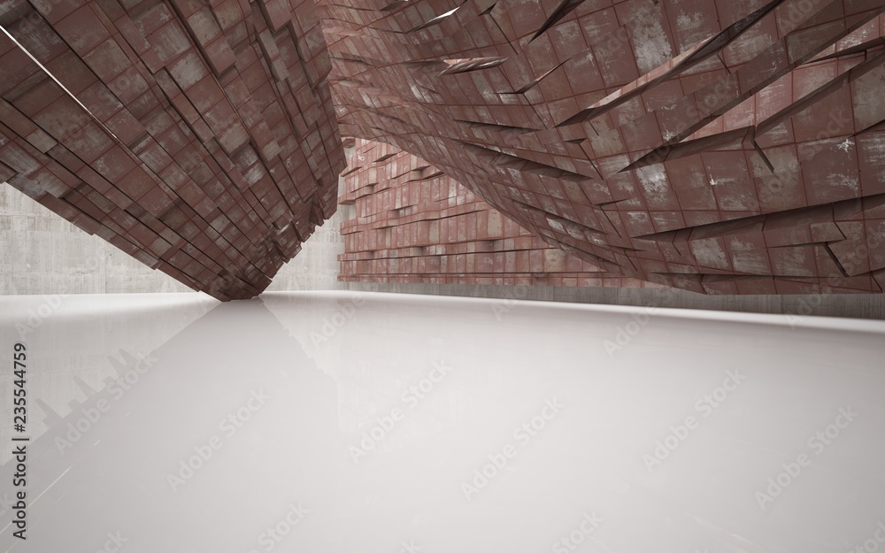 Obraz premium Empty abstract room interior of sheets rusted metal, brown concrete and white glossy floor. Architectural background. 3D illustration and rendering